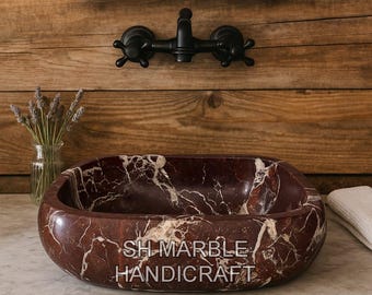 Handmade Red Marble Vessel Sink | Rectangular Natural Stone Wash Basin