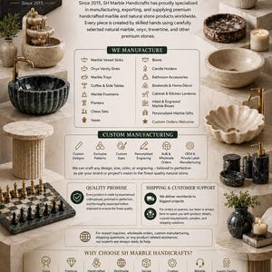 May include: A promotional flyer for SH Marble Handicrafts featuring various stone products including vessel sinks, a chess set, fountains, and vases. The text details manufacturing services, custom design options, and contact information with a phone number.