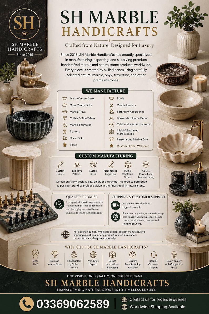 May include: A promotional flyer for SH Marble Handicrafts featuring various stone products including vessel sinks, a chess set, fountains, and vases. The text details manufacturing services, custom design options, and contact information with a phone number.