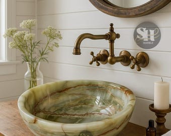 Handmade Green Onyx Marble Vessel Sink - 16" Round Bathroom Basin