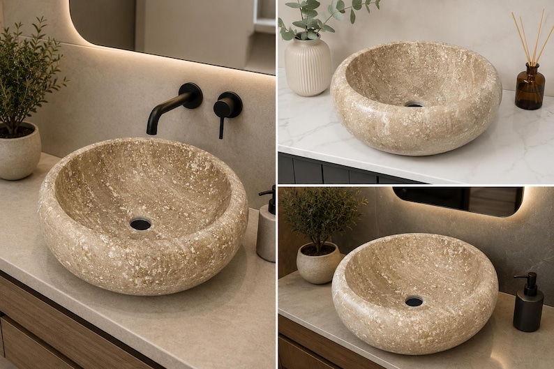 May include: A round vessel sink crafted from beige natural stone with a textured, mottled surface. The basin features a smooth, polished interior bowl and a central drain hole, showcasing the organic veining and earthy color variations of the stone.