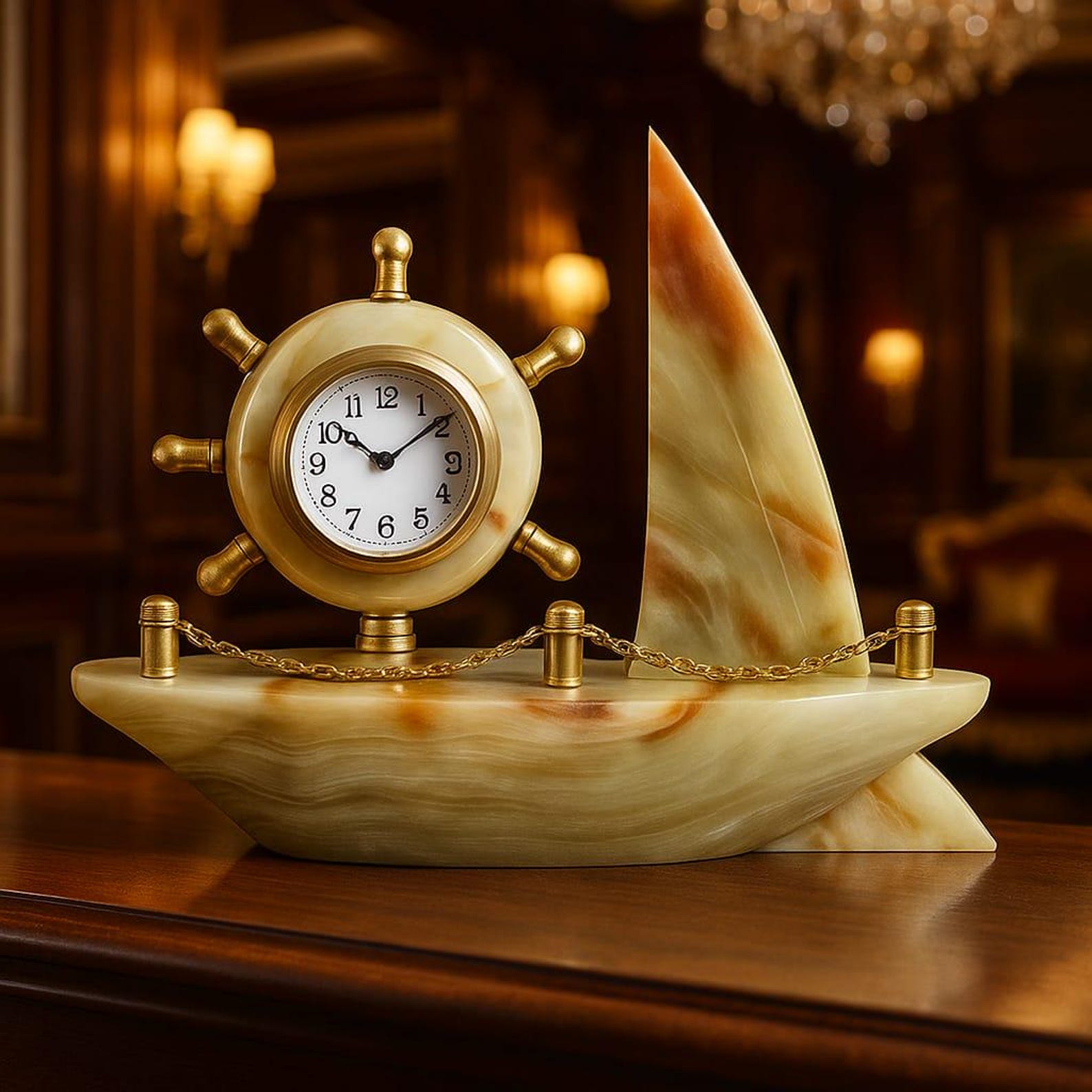 Handcrafted Onyx Marble Sailboat Clock