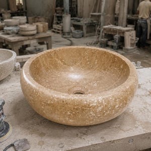 May include: A round vessel sink carved from beige natural stone with a polished interior and a textured exterior. The basin features a central drain hole and exhibits natural variations in color and mineral patterns throughout the stone surface.