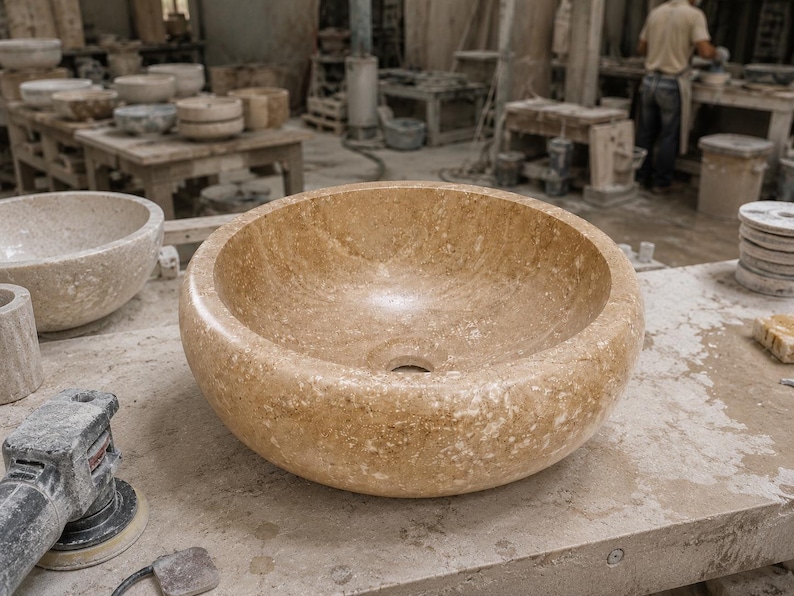 May include: A round vessel sink carved from beige natural stone with a polished interior and a textured exterior. The basin features a central drain hole and exhibits natural variations in color and mineral patterns throughout the stone surface.