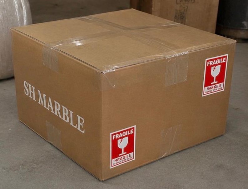 May include: A square brown cardboard shipping box sealed with clear tape. The side features the white text SH MARBLE. Two red and white rectangular stickers are attached, each displaying the word FRAGILE above a white wine glass icon.