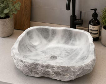 Natural White Marble Vessel Sink – Hand Carved Farmhouse Stone Basin – Rustic Luxury Bathroom Vanity Sink – 17"x14"x5"