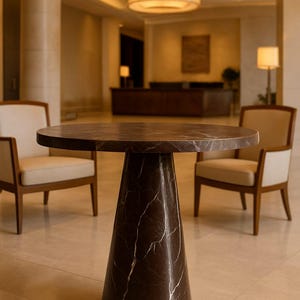 May include: A round, dark brown marble table with a conical base, set in a well-lit interior. The table is approximately 30 inches in diameter. Two chairs with cream-colored seats and wooden frames are positioned nearby.