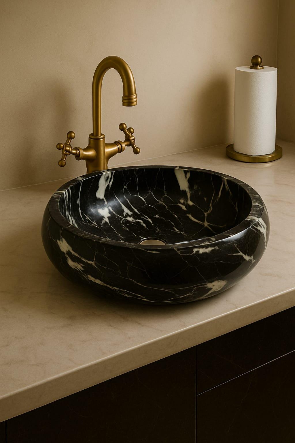 Black Marble Vessel Sink Round Stone Bathroom Basin With White Veins black-marble-vessel-sink-round-stone-bathroom-basin-with-white-veins