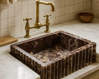 Lavabo de mármol rojo de lujo acanalado: lavabo de piedra artesanal para baño o tocador / 14 x 18 x 5