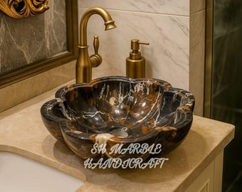 Handcrafted Flower Marble Sink: Black and Brown Stone Vanity Bowl (16 Inch)