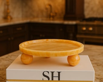 Hand Carved Mango Onyx Tray: 12" Natural Stone Pedestal