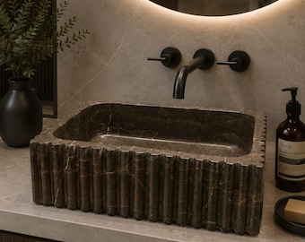 Lavabo da appoggio scanalato in marmo Dark Emperador – Lavabo da bagno moderno marrone fatto a mano