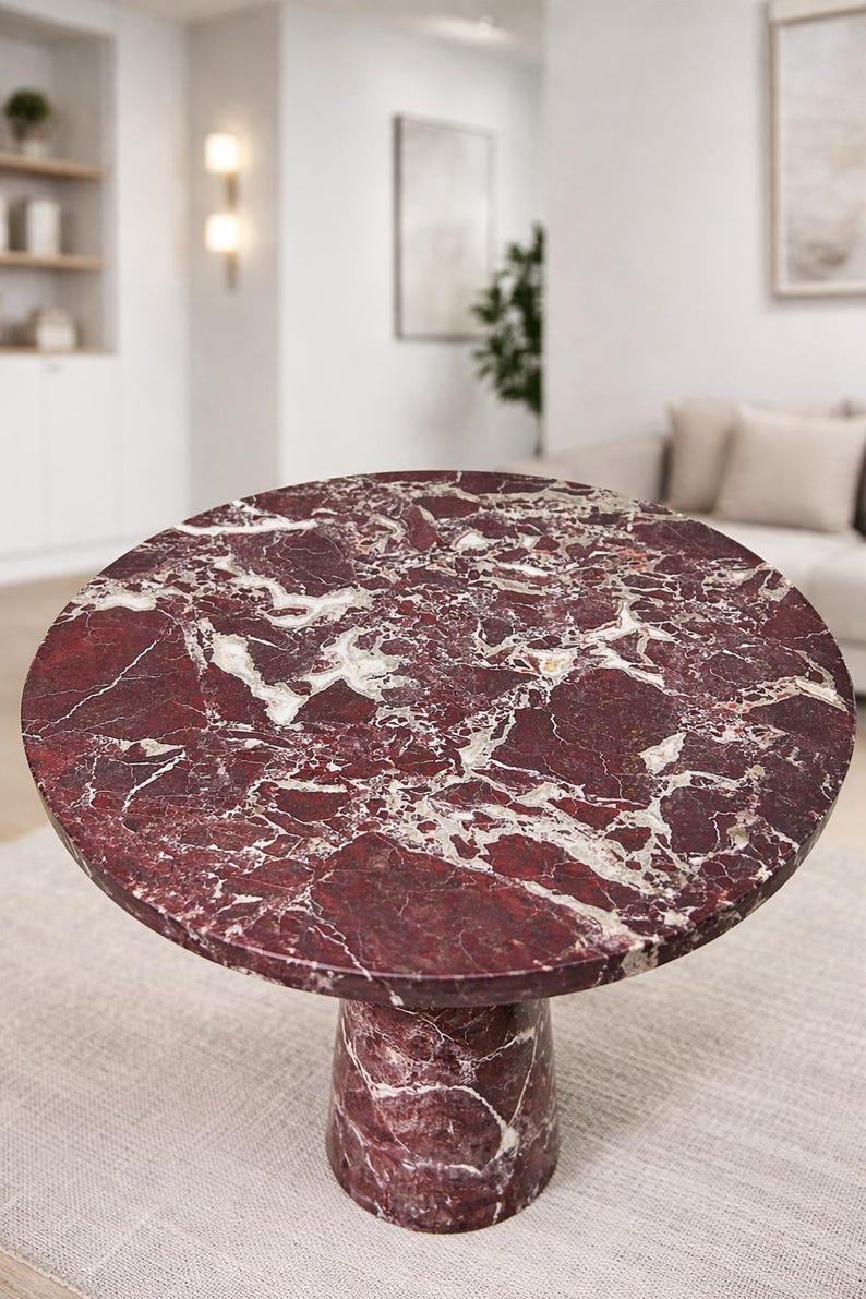Red Marble Pedestal Table | Handmade Stone Accent Table, 20" Height image 7