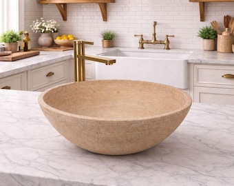 Travertine Vessel Sink | Natural Stone Bathroom Basin, 16" Round, 6" Height Countertop Vanity Bowl