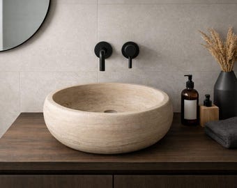 16 Inch Round Travertine Stone Sink | Natural Stone Vessel Basin | Modern Kitchen & Bathroom Sink | Handmade Luxury Bowl Sink