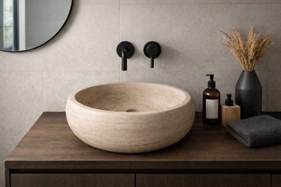 16 Inch Round Travertine Stone Sink | Natural Stone Vessel Basin | Modern Kitchen & Bathroom Sink | Handmade Luxury Bowl Sink
