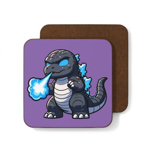 May include: A purple coaster featuring a cartoon illustration of a black and blue Godzilla-like monster breathing blue fire. The monster has white eyes and a white stripe down its back.