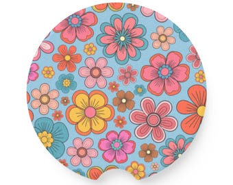 Retro blauwe bloemen speksteen auto-achtbaan, leuk autoaccessoire, voertuigdecor, cadeau voor vrouwen, bloemontwerp onderzetter, lente autocadeau