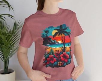 Tropical Sunset Unisex Tee, Beach Shirt, Summer Vibes, Vacation Wear, Casual Outfit, Gift for Beach Lovers, Retro Graphic Tee