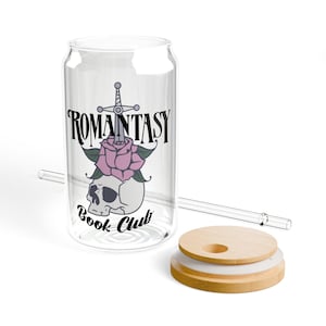 Romantasy Book Club Sipper Glass, 16oz Glass with Bamboo Lid, Perfect for Readers, Gift for Book Lovers, Unique Drinkware, Home Decor