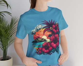 Tropical Sunset Tee, Relaxed Beach Apparel, Summer Vibes Shirt, Unisex Casual Wear, Vacation Top, Gift for Nature Lovers