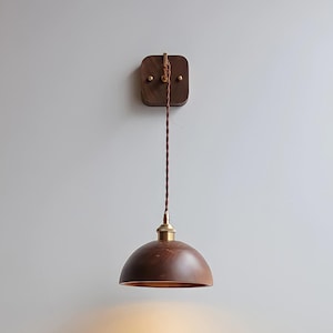 Op de afbeelding: Een bruine, koepelvormige hanglamp met een messing fitting en een bruin gevlochten snoer. De lamp is gemonteerd op een vierkante houten wandplaat. De lamp hangt boven een kleurrijk schilderij.