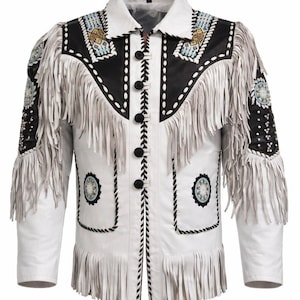 Cowboy leather jacket white fringe western Beaded mens vintage rodeo style statement piece unique
