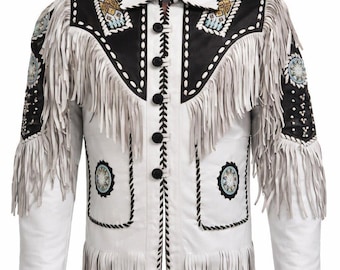 Chaqueta vaquera de cuero blanca con flecos, estilo western, con cuentas, para hombre, estilo rodeo vintage, pieza única que marca tendencia.