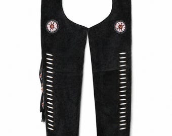 Mens Suede Leggings Black Western Cowboy Chaps Fringe Leather Riding Pants Handmade Biker Wear