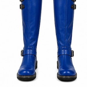 Gothic Leather Boots Mens Blue Knee High Biker Boots Punk Motorcycle Buckle Boot