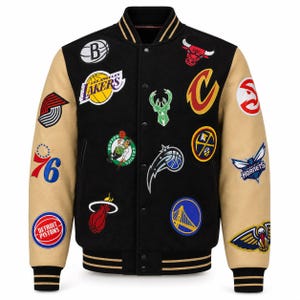 NBA Leather Jacket Unisex Multi Team Varsity Coat Basketball Embroidered Black Tan Streetwear Gift