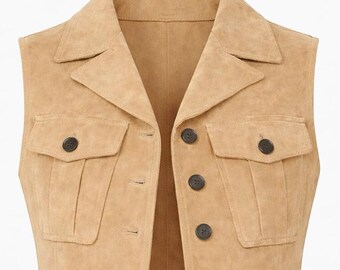 Women Suede Vest Cropped Tan Leather Waistcoat Button Front Casual Western Style Jacket Chic