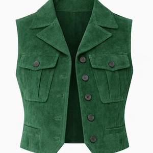 May include: A sleeveless vest in a deep forest green color with a textured finish. The garment features a notched collar, a front button closure with five dark brown buttons, two chest pockets with buttoned flaps, and two lower welt pockets.