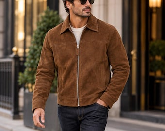 Mens Suede Jackets Genuine Brown Suede Zip Jacket Vintage Western Casual Leather Coat Gift