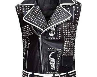 Handmade Studded Cowhide Leather Biker Vest: Custom Patches