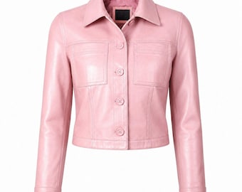 Pink Cropped Leather Jacket Women Handmade Genuine Lambskin Button Front Fashion Trucker Coat Casual