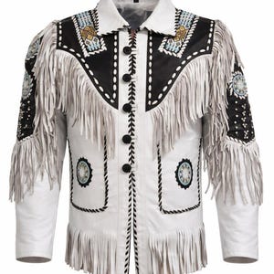 Cowboy Lederjacke weiß mit Fransen Westernperlen Herren Vintage Rodeo Style Statement Piece Unikat