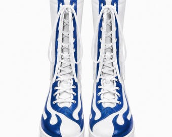 Unisex Wrestling Boots Blue White Genuine Leather Flame High Top Lace Up Ring Shoes