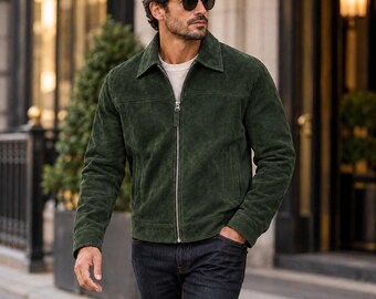 Men Suede Jackets Green Genuine Suede Zip Front Casual Trucker Jacket Classic Western Style