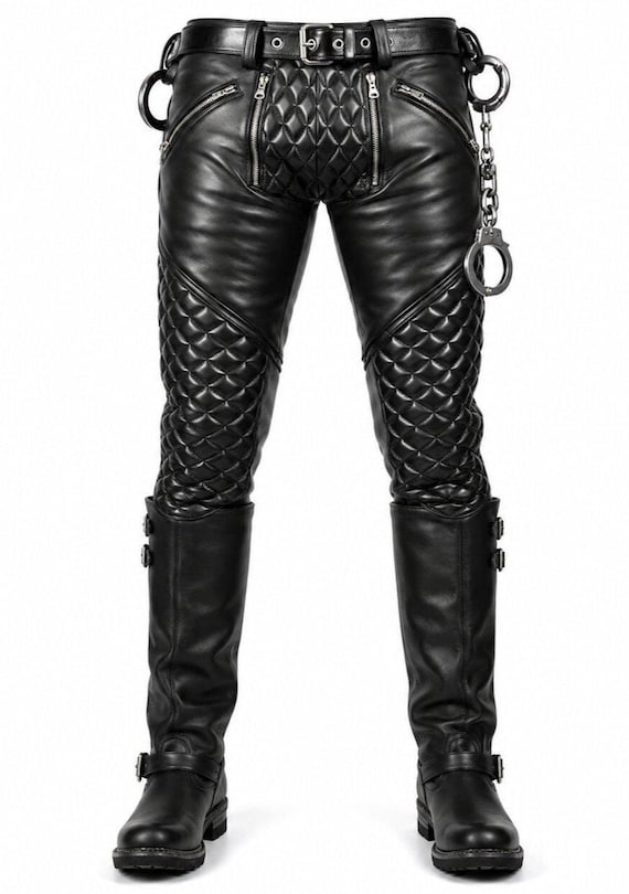 Mens Gothic Leather Pant Quilted Biker Punk Motorcycle Buckled Zip Black Handmade Slim Fit