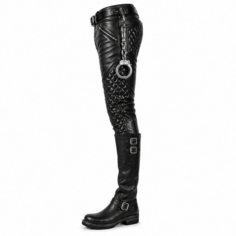 May include: Black leather pants featuring quilted panels on the thigh and hip, a zippered pocket, and a belt loop at the waist. A silver-toned metal chain with attached handcuffs hangs from the side. The pants are paired with a black leather boot.