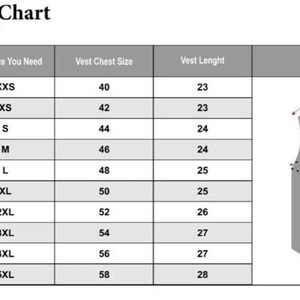 May include: A vest size chart for men, with measurements in inches. The chart includes chest size, vest chest size, and vest length, along with a diagram illustrating how to measure. Sizes range from 36 to 54 inches.