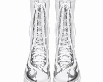 Unisex Pro Wrestling Boots Genuine Leather Silver Flame Lace Up Non Slip Performance Footwear