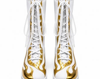 Unisex Wrestling Boots Genuine Leather Flame Lace Up Pro Ring Shoes Custom Handmade Footwear