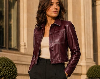 Women Cropped Leather Jacket Burgundy Genuine Leather Button Front Trucker Coat Casual Fashion