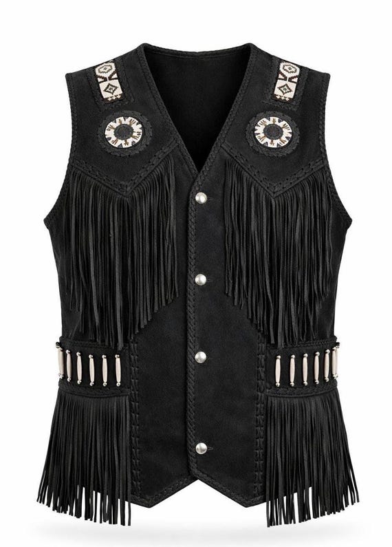 Cowboy Suede Vest Black Western Fringe Leather Biker Rodeo Style