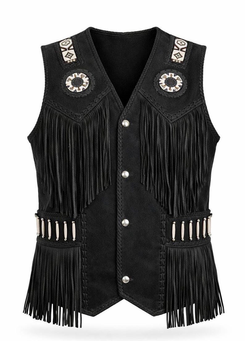 May include: Black suede vest with fringe detailing. The vest features decorative beadwork on the shoulders and waist, along with silver-tone buttons down the front. A classic western-inspired garment.