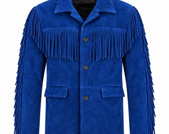 Western Suede Jacket Men’s Blue Fringe Cowboy Coat Genuine Suede Ranch Rodeo Festival Wear