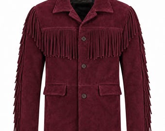 Cowboy Suede Jackets Men Western Fringe Burgundy Genuine Suede Ranch Rodeo Vintage Style Coat