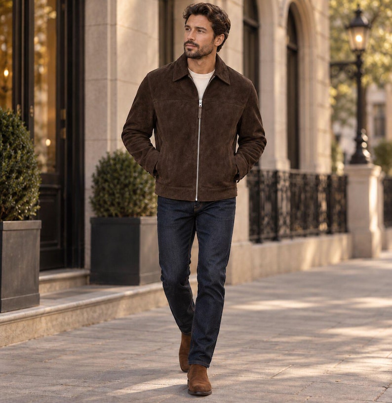 Peut inclure: Une veste en daim marron fonc&eacute; avec une fermeture &eacute;clair argent&eacute;e sur toute la longueur, un col classique et des manches longues, port&eacute;e sur une chemise blanche unie avec un jean bleu fonc&eacute; et des bottines en daim marron assorties.